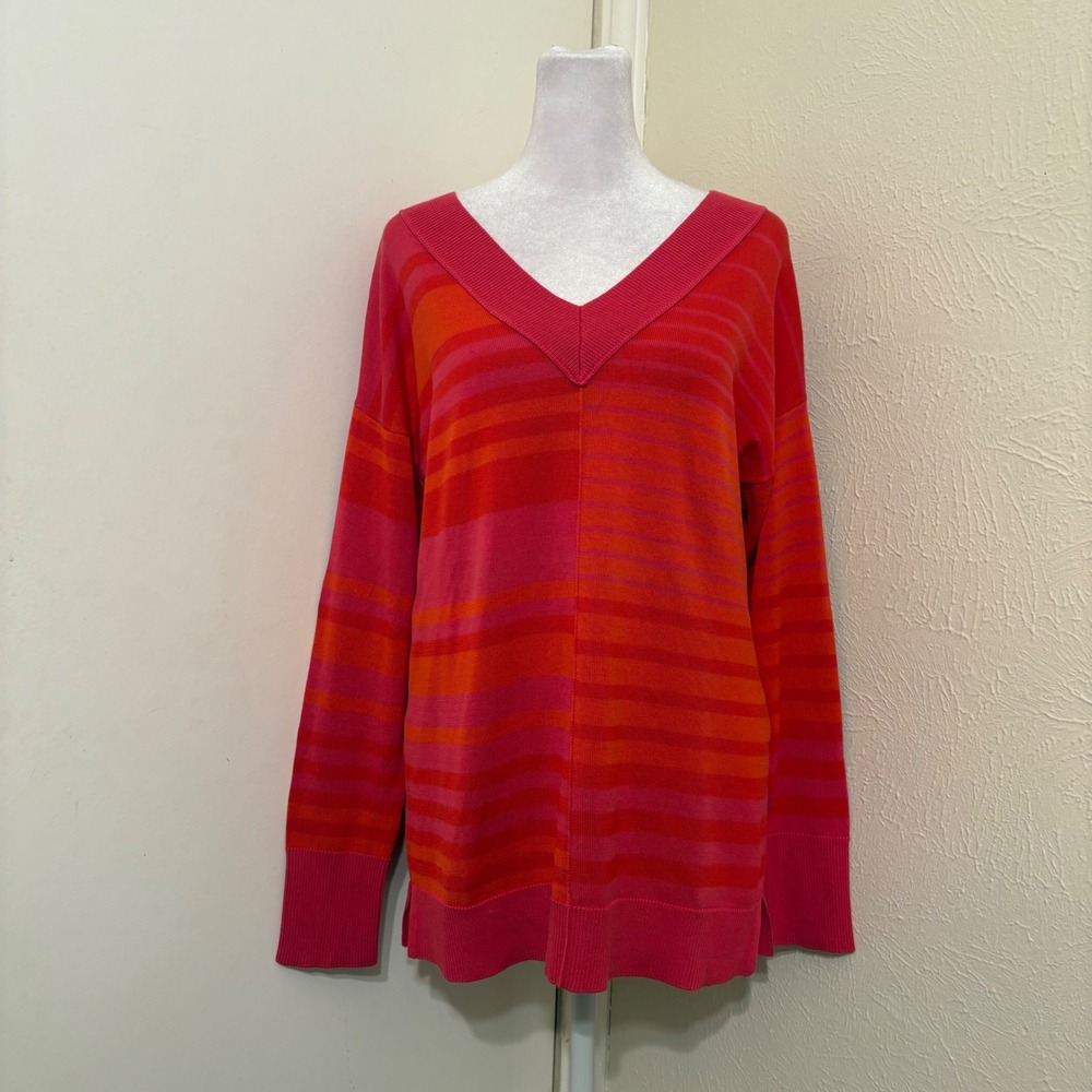 Pink Orange Horizontal Striped Silk Cotton V-Neck Sweater